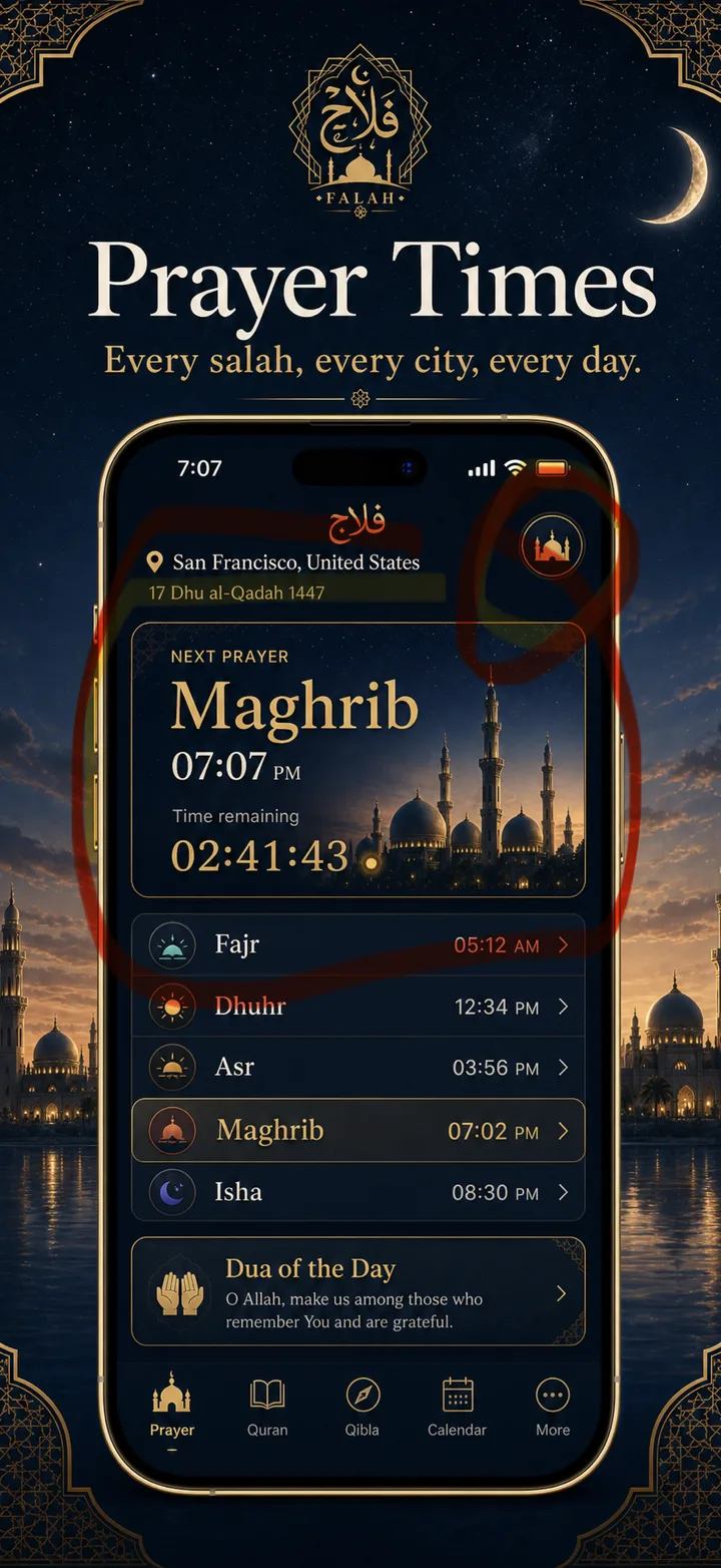 Prayer times — the first thing the app shows.