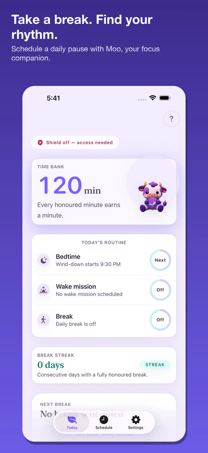 Today — bedtime, wake mission and the daily break in one place.