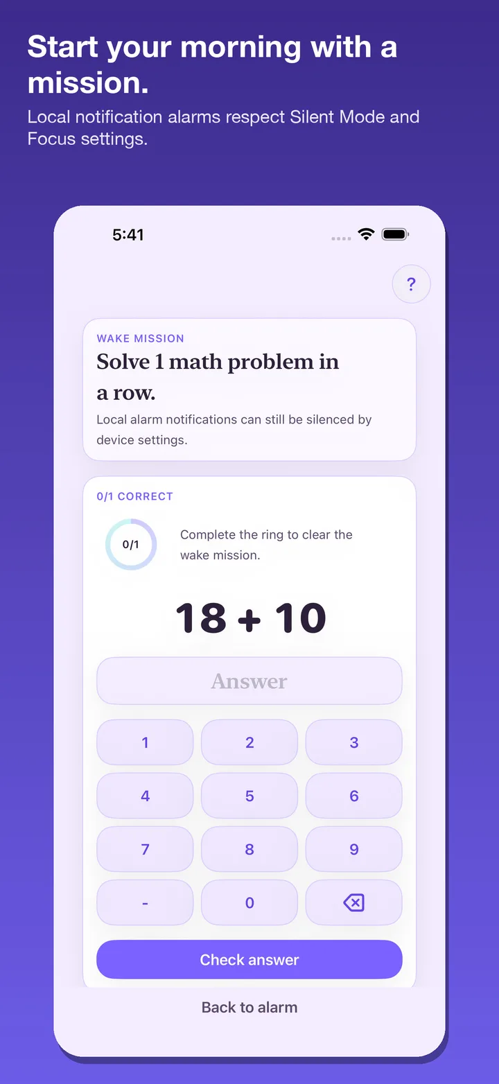 The wake mission — maths, typing or a QR scan.